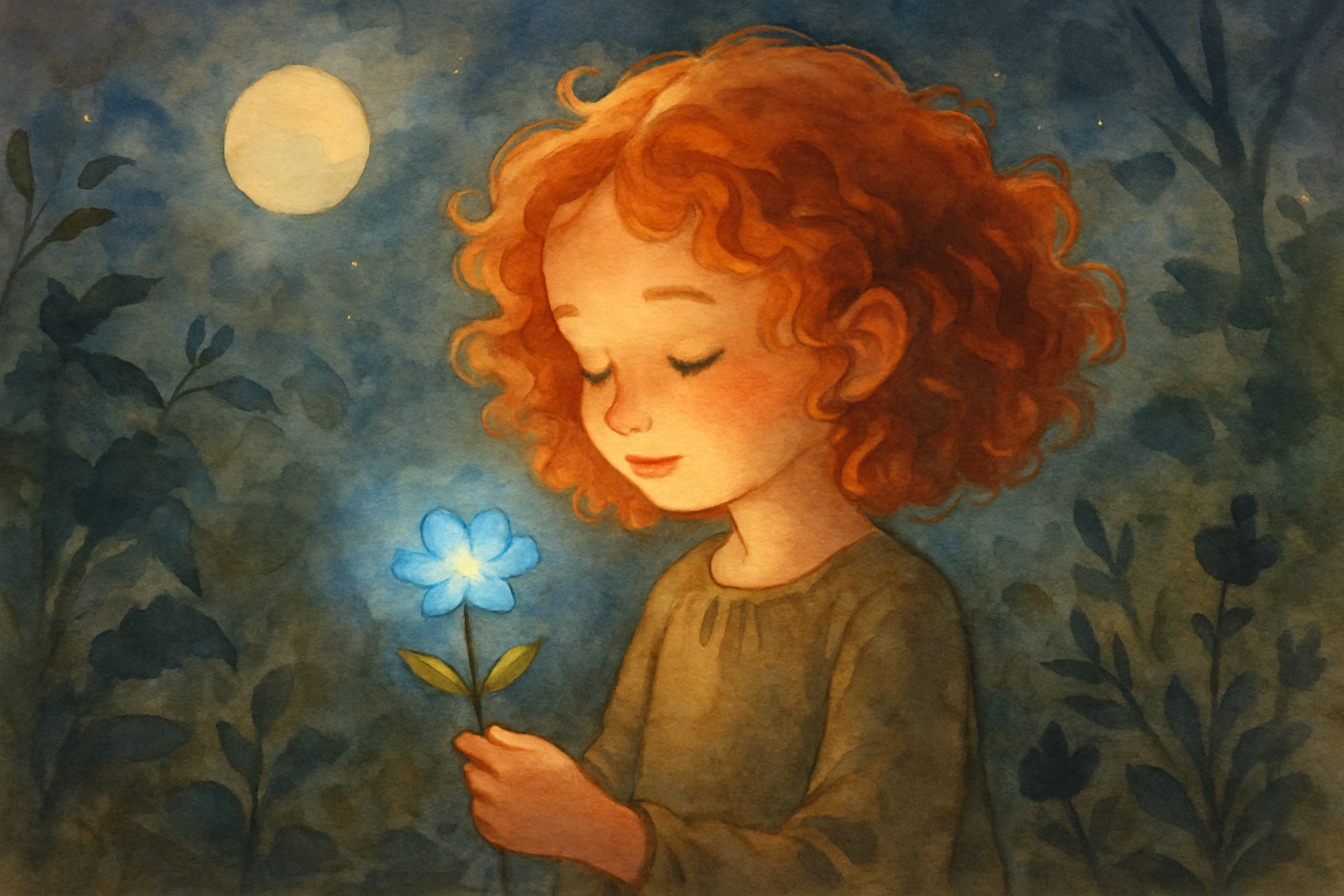 Emma in a moonlit garden, a luminous blue flower glowing softly nearby