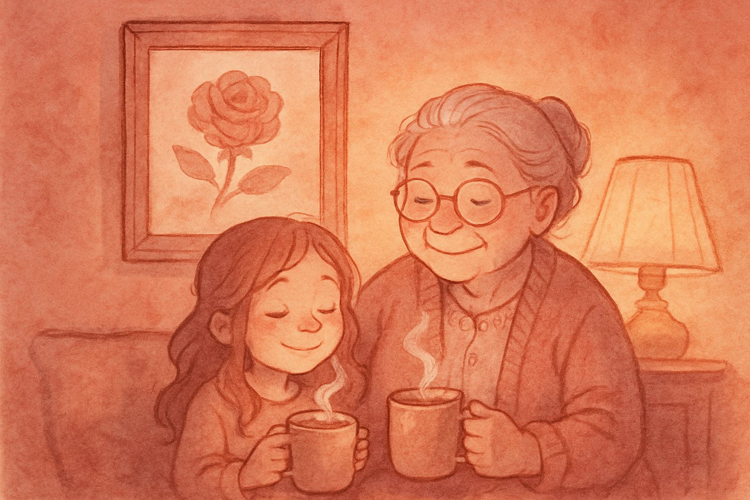 The finished painting on the wall, Mia and her grandmother sitting below it with cups of cocoa
